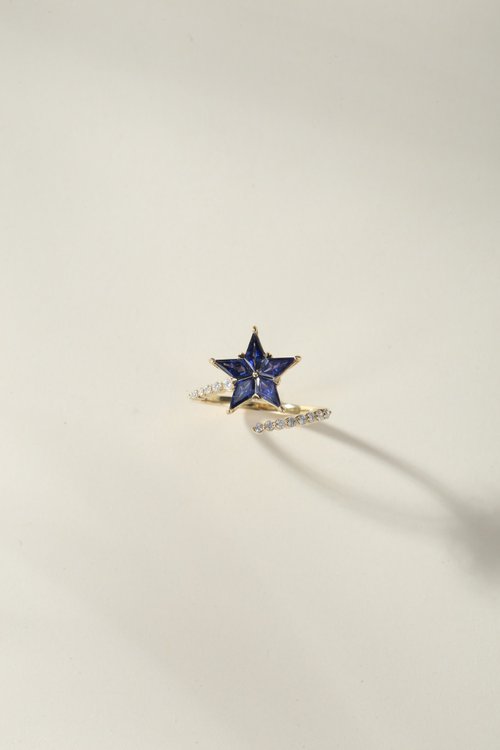 Maison de lumin 0.65ct藍寶石剛玉皇家藍天然鑽石五芒星星流星18k金戒指