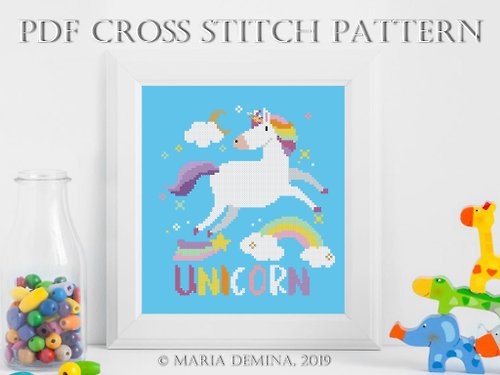 LittleRoomInTheAttic Unicorn Over The Rainbow PDF cross stitch pattern