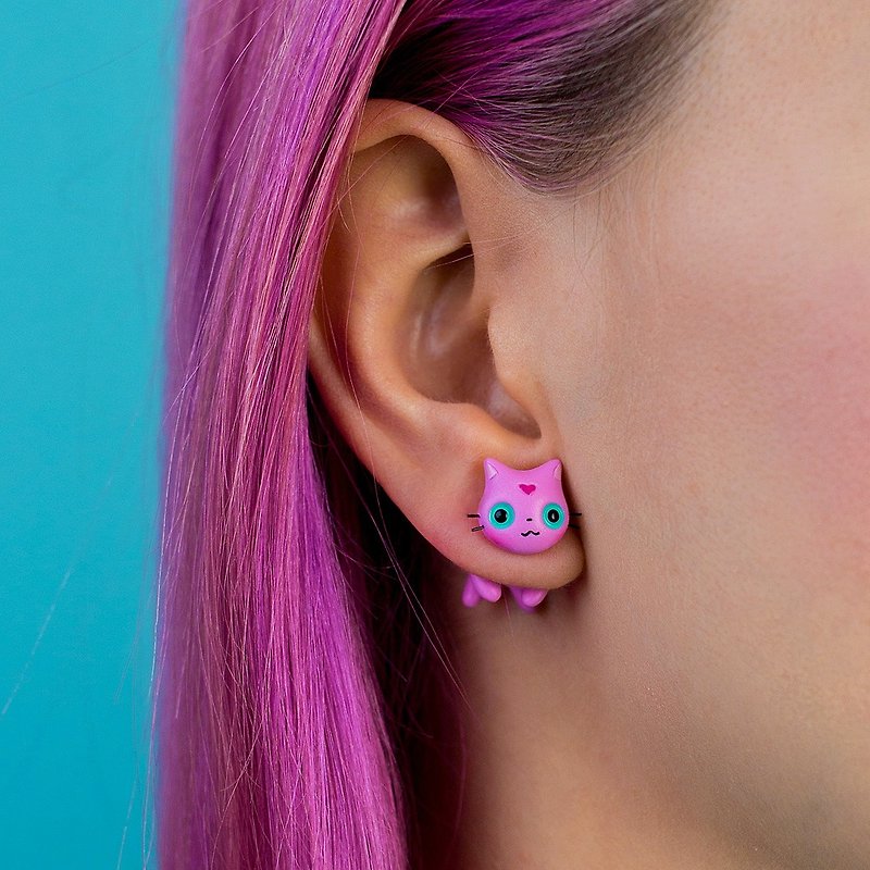 Pink Cat Earrings - Polymer Clay Cat Earrinngs, Fake Gauge / Fake Plug - ต่างหู - ดินเหนียว สึชมพู