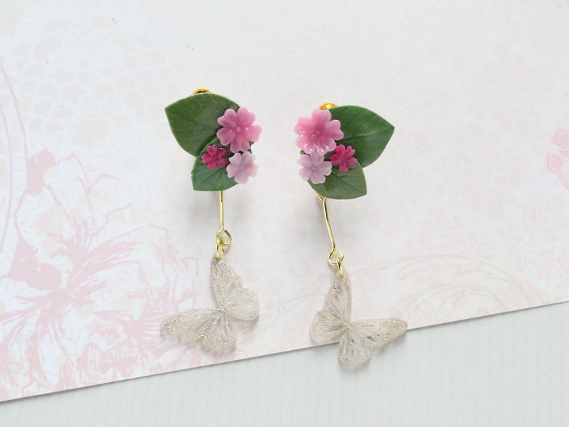 Pink clay flower earring with dangle butterfly - Earrings & Clip-ons - Clay Multicolor
