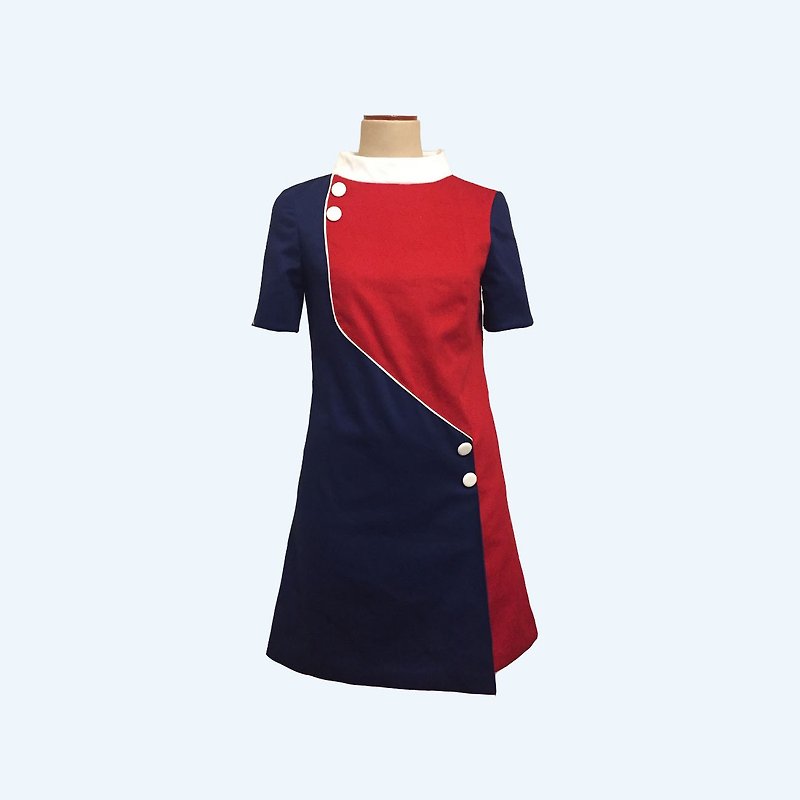 retro one-piece dress jeanne - 連身裙 - 棉．麻 紅色