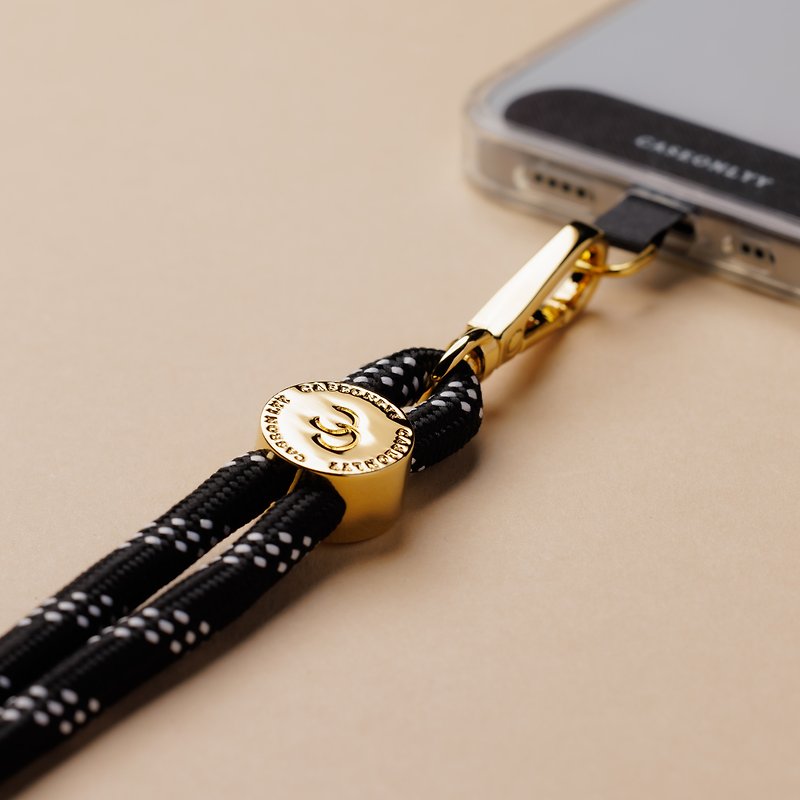【6mm】Black rope white dot portable mobile phone lanyard with transparent clip - Phone Accessories - Precious Metals Black