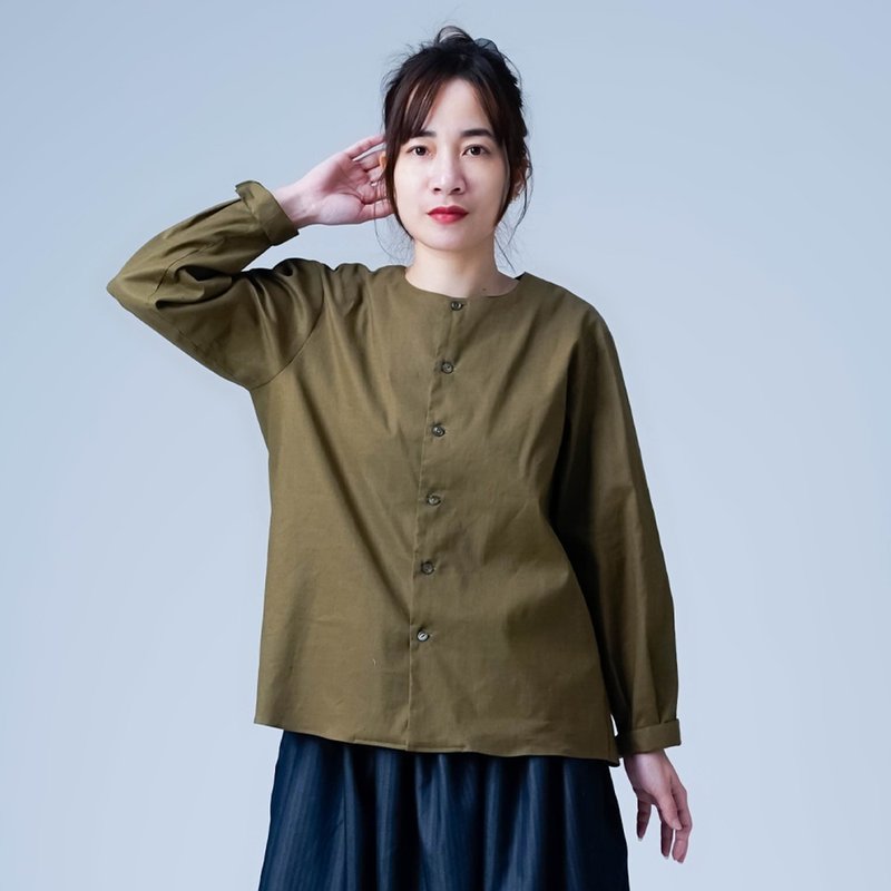 【soco】洗練されたシルエットが上品で素敵 ノーカラー カーディガン / オリーブドラブ h025d-olr1 - 女大衣/外套 - 棉．麻 卡其色