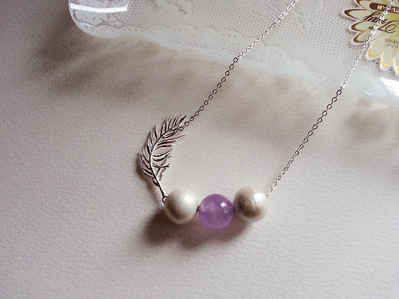 Simple ornaments of copper-plated silver feathers of large cotton wool and amethyst necklace - สร้อยคอ - เครื่องเพชรพลอย 