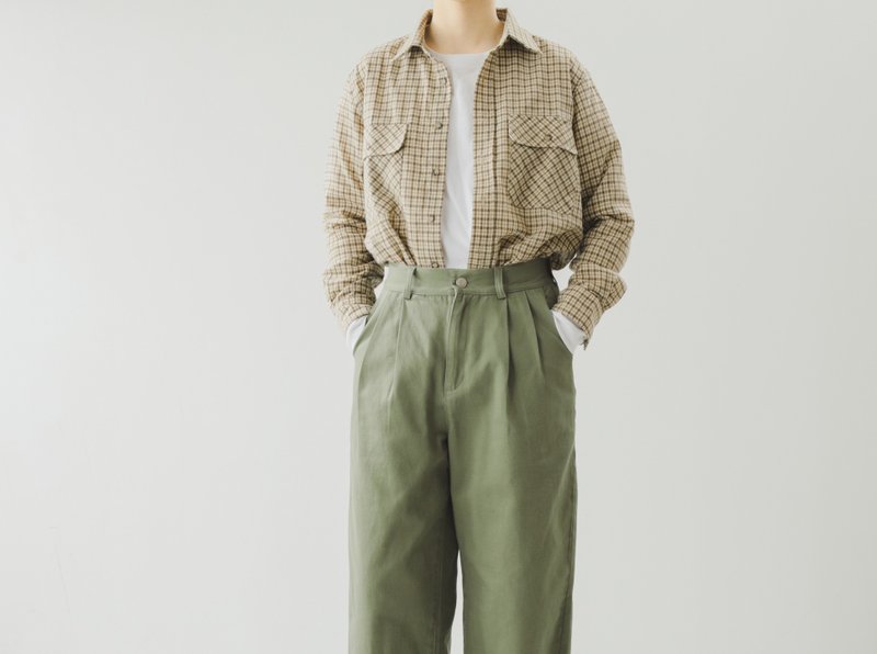 【少年感】美式復古/格紋磨毛/寬鬆棉質襯衫 - 女襯衫 - 棉．麻 卡其色