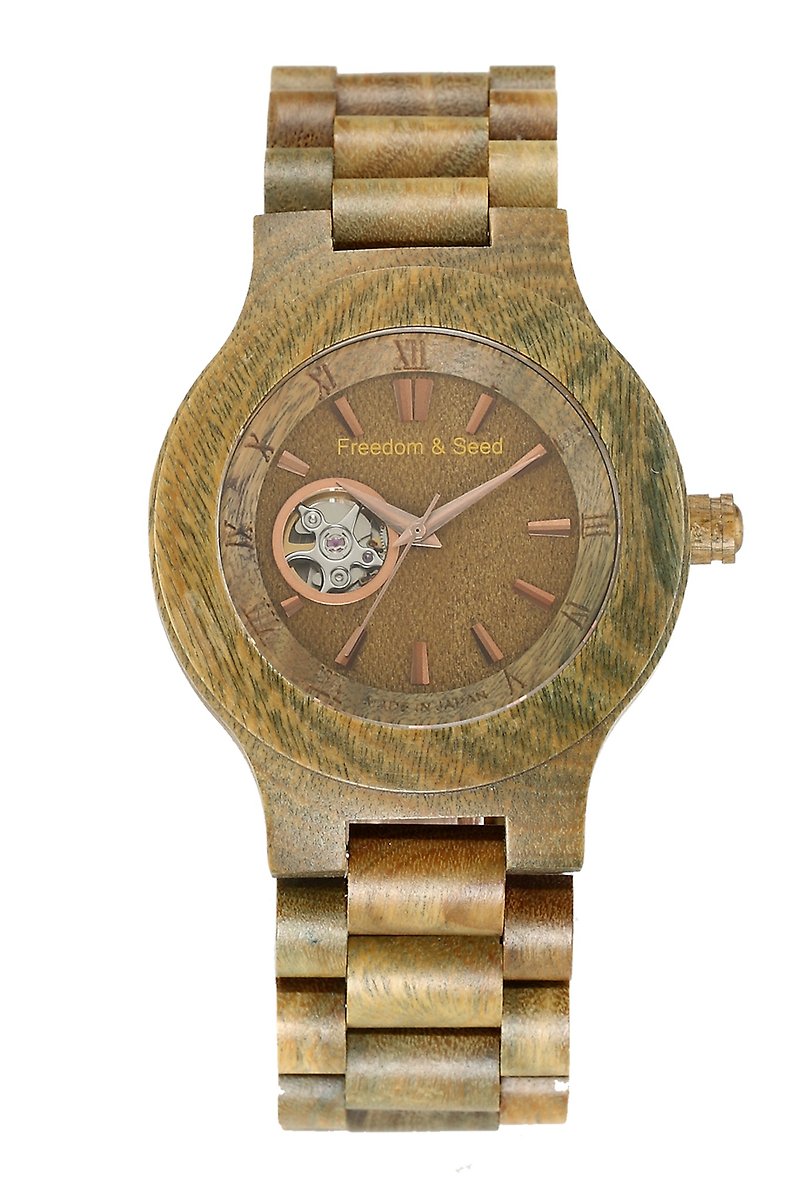 【フリーダム＆シード]日本の木材は時計：機械45mm─Verawood緑黒檀モデルのカーペンターシリーズ - 腕時計 - 木製 グリーン