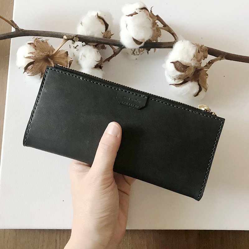 Leather long clip _ 8 card layers _ 2 banknote layers _ coin purse _ black - Clutch Bags - Genuine Leather Black