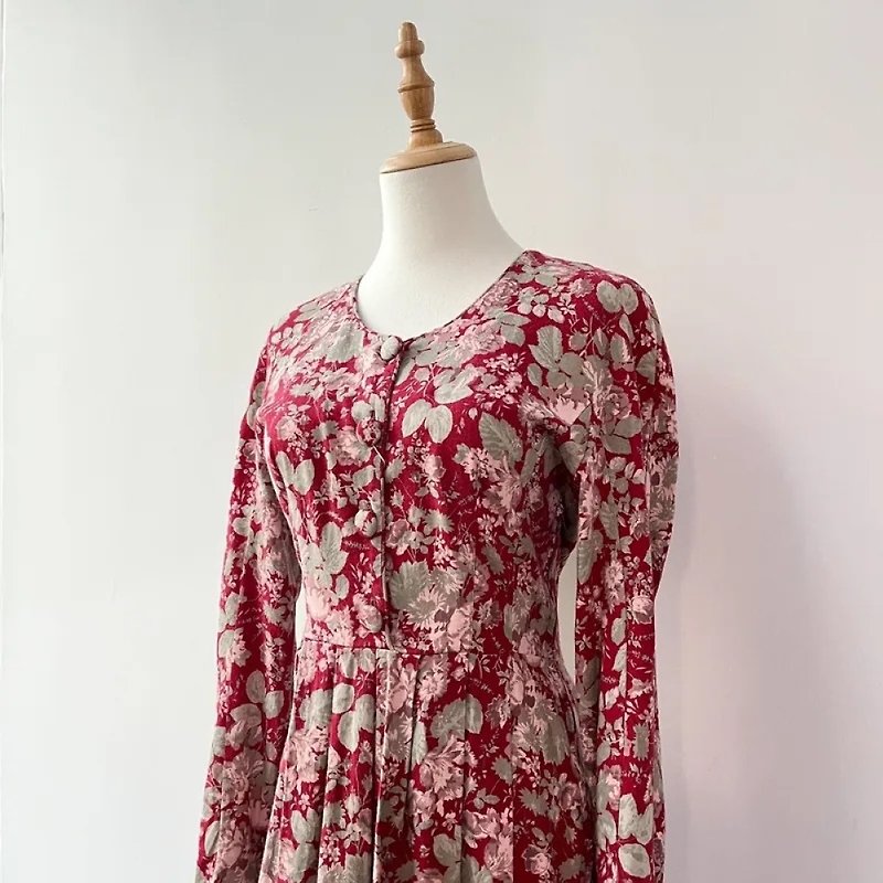 1980年代 ローラ アシュレイ イギリス製 赤い花柄ドレス - ワンピース - コットン・麻 レッド