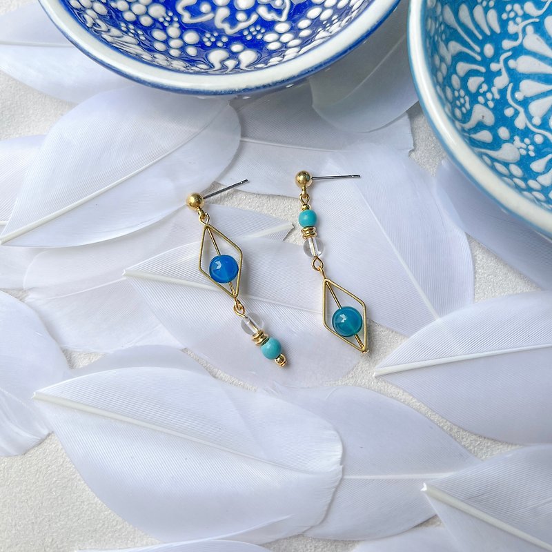 藍紋瑪瑙/白水晶-茉莉公主-半寶石黃銅耳環 - 耳環/耳夾 - 貴金屬 藍色