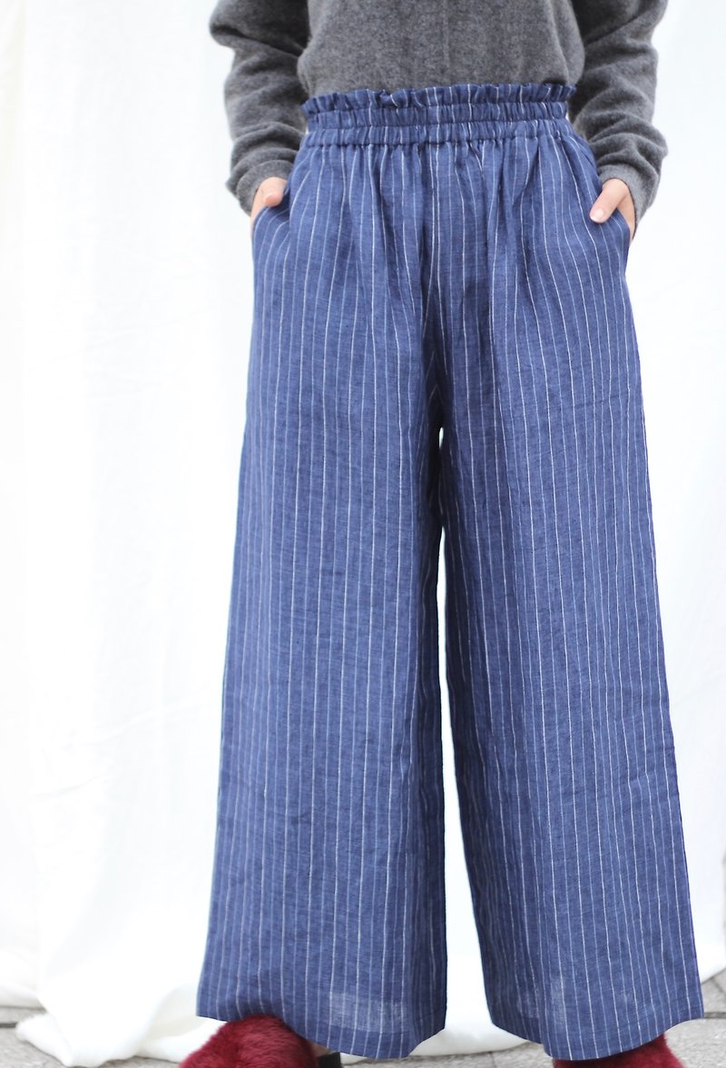 [Spot] original retro literary yarn-dyed linen wide-leg pants - denim blue pinstripes - กางเกงขายาว - ลินิน สีน้ำเงิน