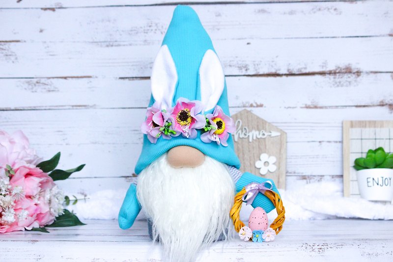 Easter Bunny gnome with Easter wreath - 公仔模型 - 其他材質 藍色