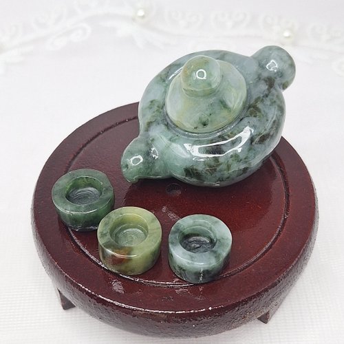 緣圓翡翠 緬甸藍水飄花 茶壺組擺件 | 天然緬甸玉A貨翡翠