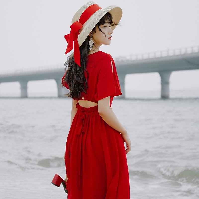 [Multiple folds] 2019 women's summer wear back hollow tie dress dress 9307 - One Piece Dresses - Polyester Red