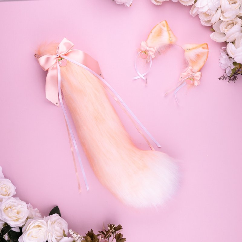 Peachy Kitten Ears and Tail Set Faux Fur Ears and Tail Set - 髮夾/髮圈 - 其他人造纖維 橘色