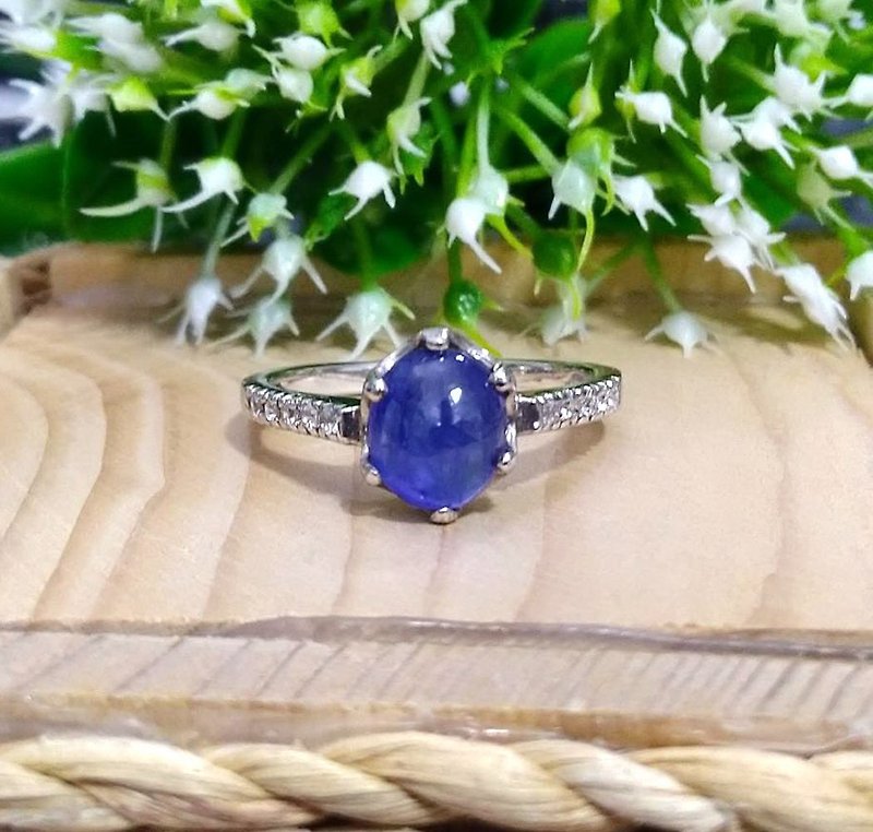 Cab Natural blue sapphier ring silver sterling ring wedding size 7.0 free resize - 戒指 - 純銀 藍色