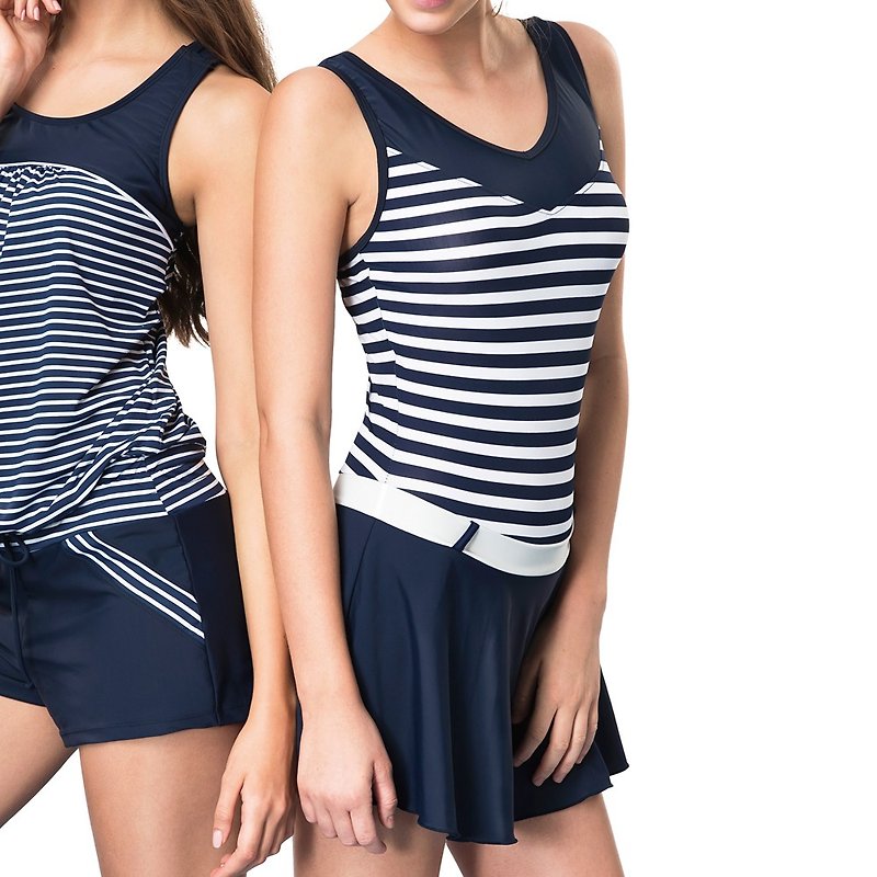 (pictured right) girl striped dress (with pad and swimming cap) - Women's Swimwear - Nylon Blue