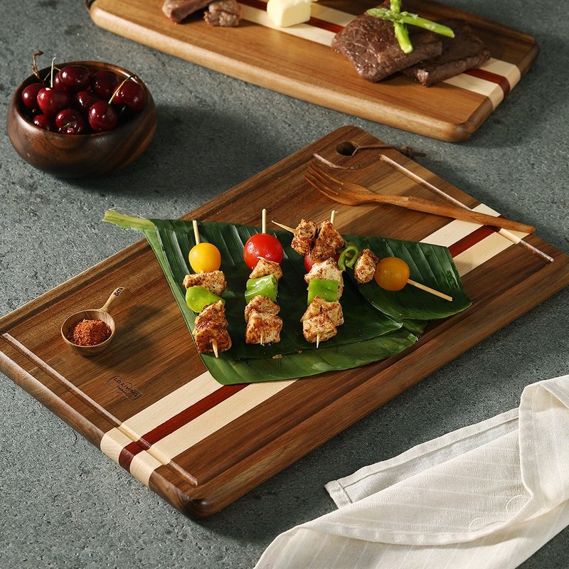 Acacia Wood Striped Rectangular Cutting Board - ถาดเสิร์ฟ - ไม้ สีนำ้ตาล