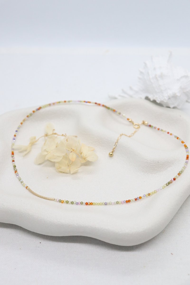 (14KGF) Custom Craft Tiny Natural Stone Colourful Necklace with Curved Bar - 項鍊 - 寶石 多色