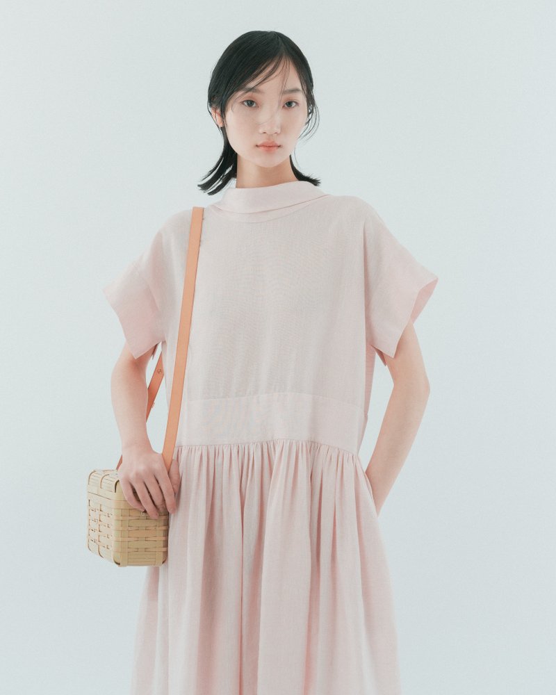 UUIN_Pink Linen long sleeve dress - ชุดเดรส - ผ้าฝ้าย/ผ้าลินิน สึชมพู