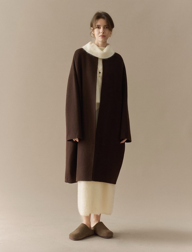 フレンチヴィンテージ / ハンドメイドダブルフェイスロングコート / 高品質ウール100% - ジャケット - その他の素材 ブラウン