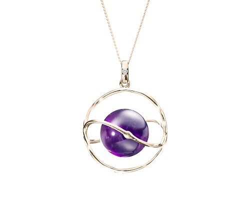 Majade Jewelry Design 14k黃金紫水晶鎖骨鍊 土星項鍊清新金飾輕珠寶 鑽石星球光環墜子