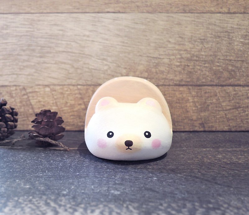 Round little hedgehog mobile phone holder business card holder paperweight decoration handmade wooden healing small woodcarving doll - ที่ตั้งมือถือ - ไม้ สีกากี