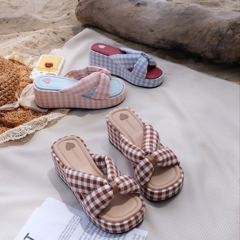 Gingham bow platform sandal - Women's Casual Shoes - Cotton & Hemp 