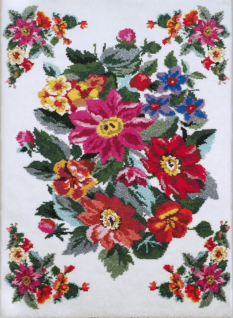 Colorful Dahlia Unique Decor Cute Rug / Handmade Botanical Art Dahlia Carpet - พรมปูพื้น - ผ้าฝ้าย/ผ้าลินิน หลากหลายสี