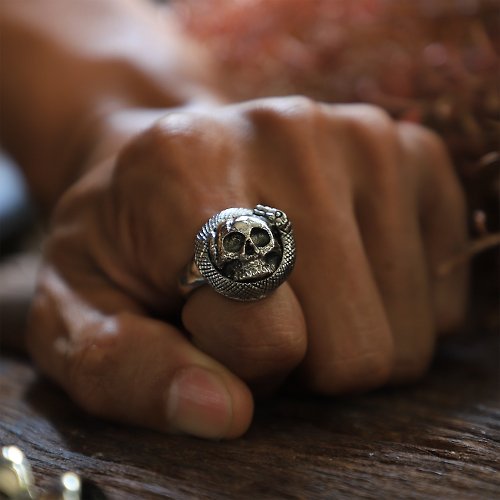 jacksclub 男士手工制作的银蛇骷髅戒指