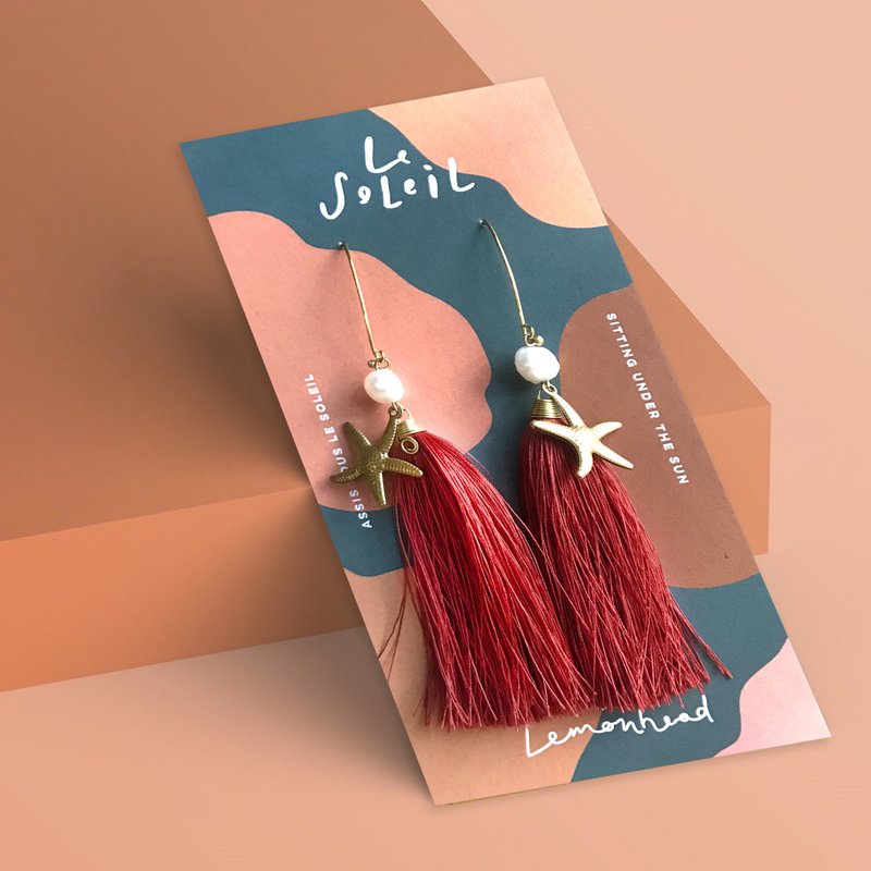 Tassel earrings red with real pearl and star fish - 耳環/耳夾/耳骨夾 - 繡線 紅色