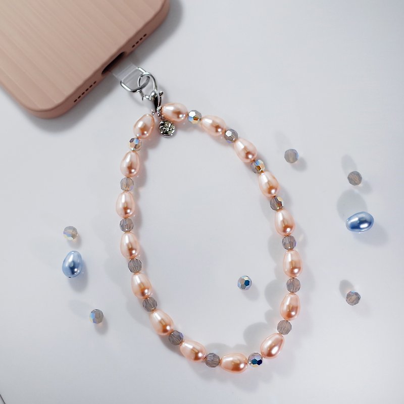 【獨家限定/僅一條】 奧地利粉橘珍珠水晶 - 設計款手機吊飾 - 掛繩/吊繩 - 水晶 