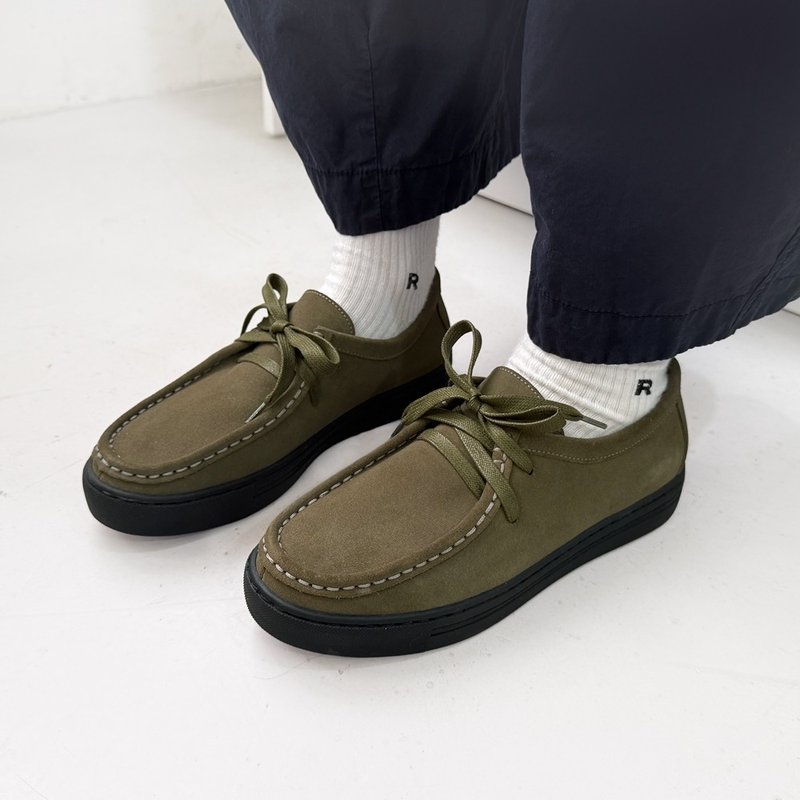防水皮革! 溜溜秋秋厚底袋鼠鞋 雙鞋帶 綠 MIT 全真皮-橄欖綠 - 女休閒鞋/帆布鞋 - 真皮 卡其色