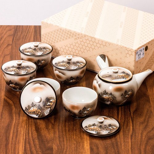 日本藥師窯 日本進口九穀燒手工側把泡茶壺金墨山水帶蓋茶具套裝一壺五杯禮盒