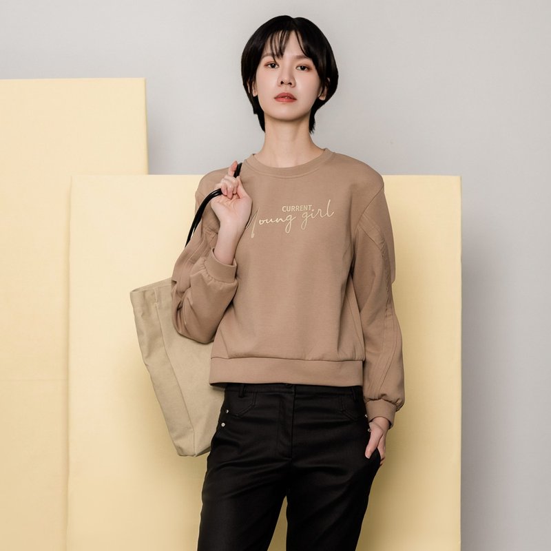 【MEDUSA】young girl 蓬蓬袖剪裁大學T(M-XL) | 女休閒上衣 - 女 T 恤 - 棉．麻 卡其色