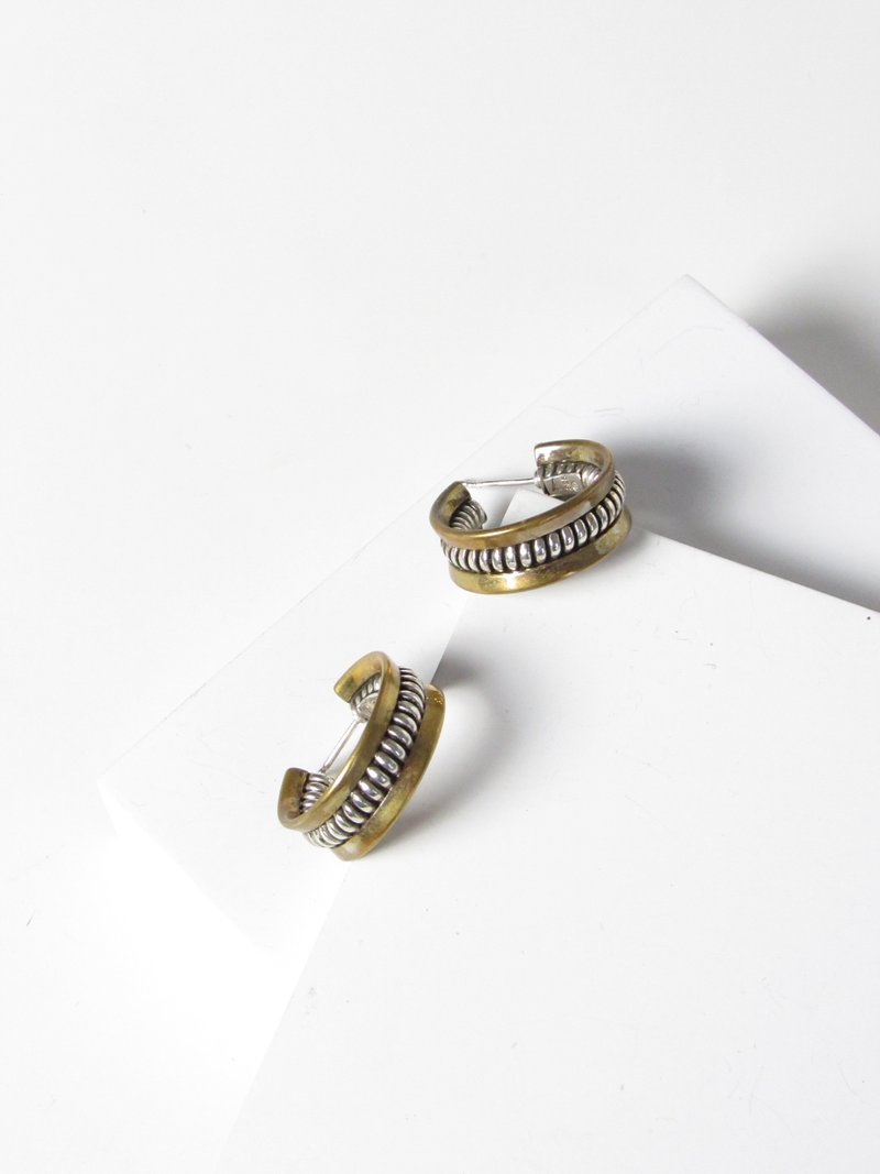 Vintage Embed Silver Rope Gold Hoop Earrings - 耳環/耳夾/耳骨夾 - 純銀 銀色
