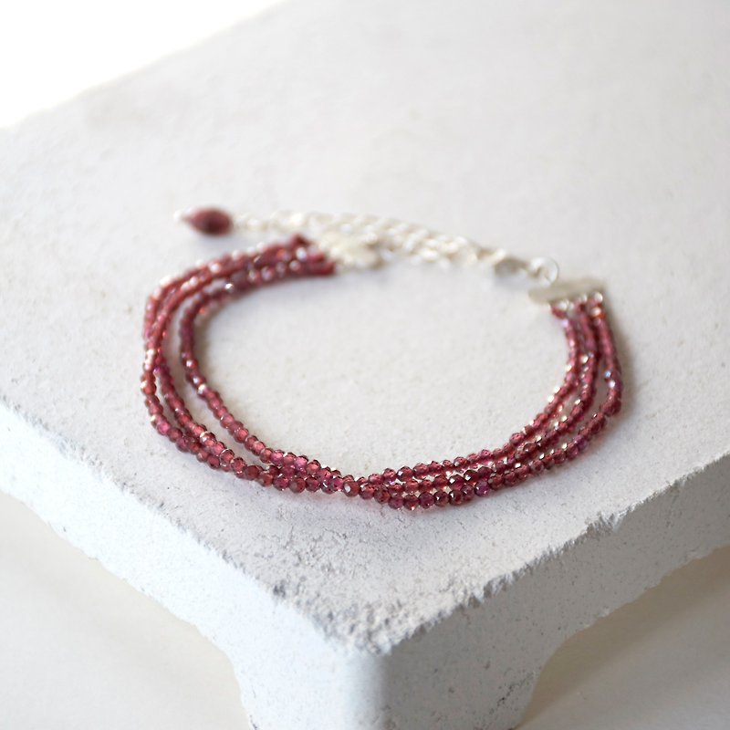 Handmade Simple Garnet beads with 925 silver Triple Bracelet, January Birthstone - Bracelets - Gemstone Red