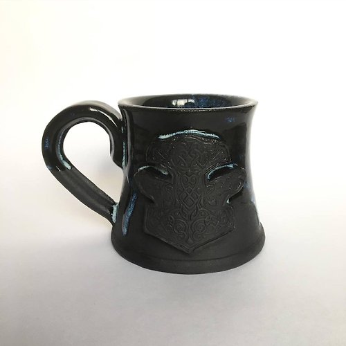 Reiter Crafts Thor Hammer Mjolnir Huginn and Muninn Black blue glazed dripping stoneware mug
