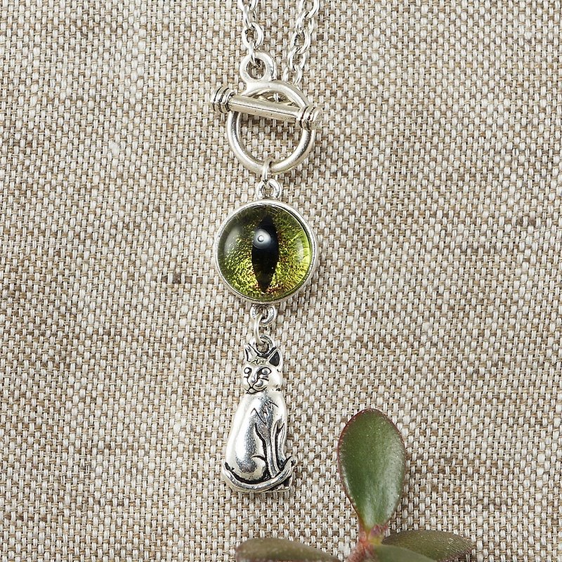 Olive Green Glass Cat Eye Necklace Silver Cat Kitten Evil Eye Necklace Jewelry - Necklaces - Glass Green