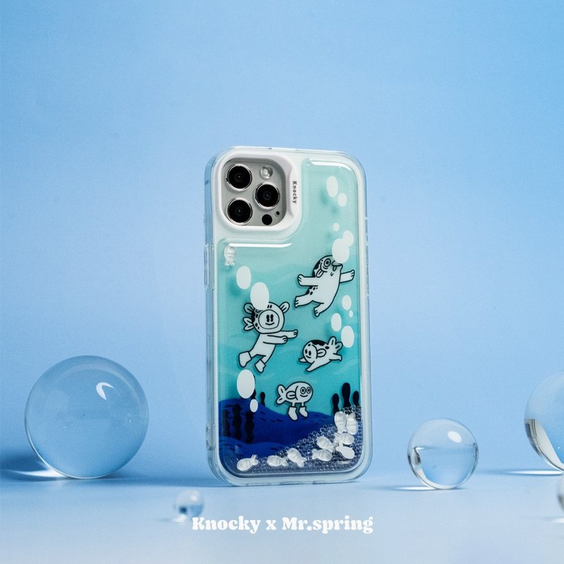 Mr. Spring co-branded [Mr. Spring Swims in the Sea] iPhone 13/14 Series Quicksand Beads Protective Case - Phone Cases - Other Materials Blue