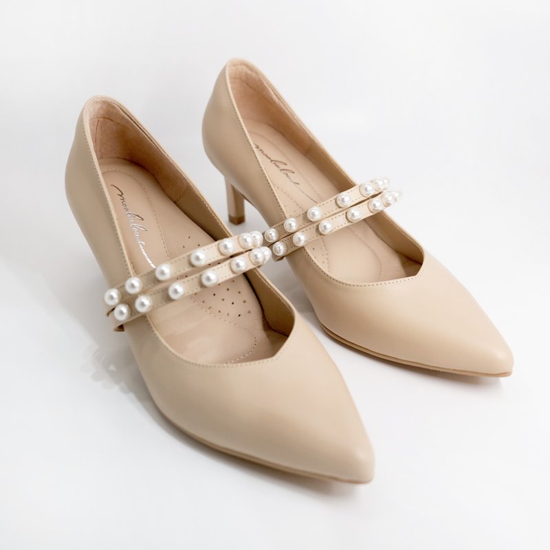 Leather-Hepburn small pearl heels-cream apricot. MIT - รองเท้าส้นสูง - หนังแท้ ขาว