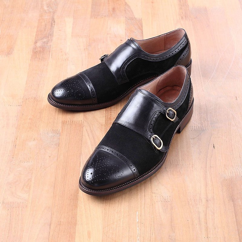 Vanger leather carved double buckle monk shoes Va225 black fight - Men's Casual Shoes - Genuine Leather Black