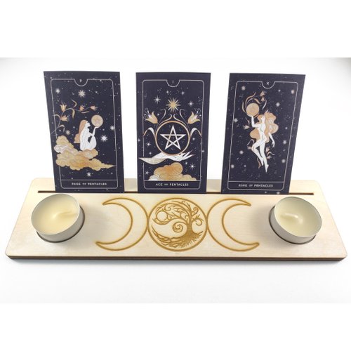 MIXARTworkshop Triple moon oracle card stand, Wood tarot card holder, Triple moon altar