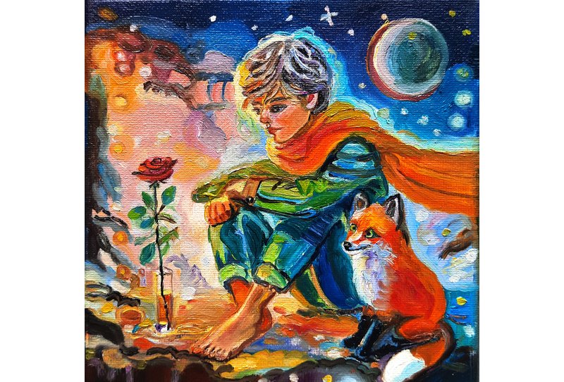 The Little Prince Painting Original Art Small Oil Painting on Canvas 15sm by15sm - 壁貼/牆壁裝飾 - 其他材質 藍色