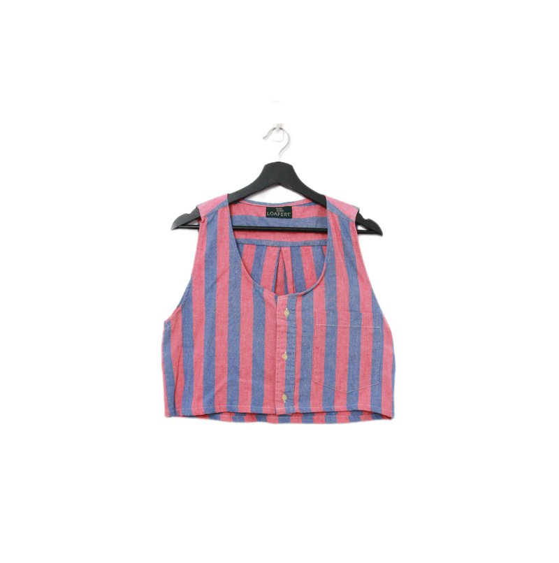 Back to Green-再製水洗丹寧條紋背心 莓果粉 tt-19 vintage vest - 背心/無袖上衣 - 棉．麻 