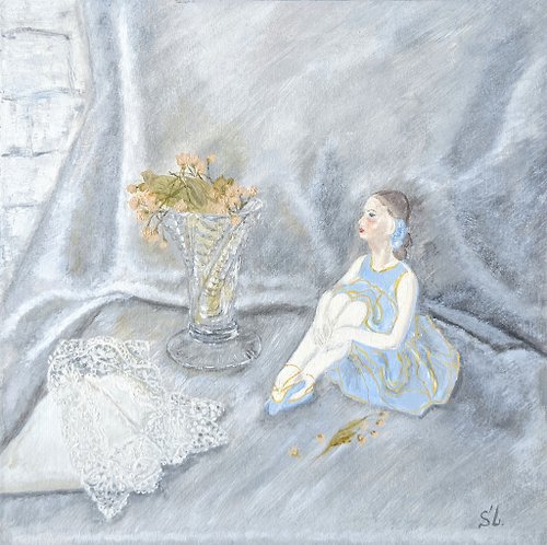 Artsli Ballerina figurine oil painting still life original art vintagevase handkerchie