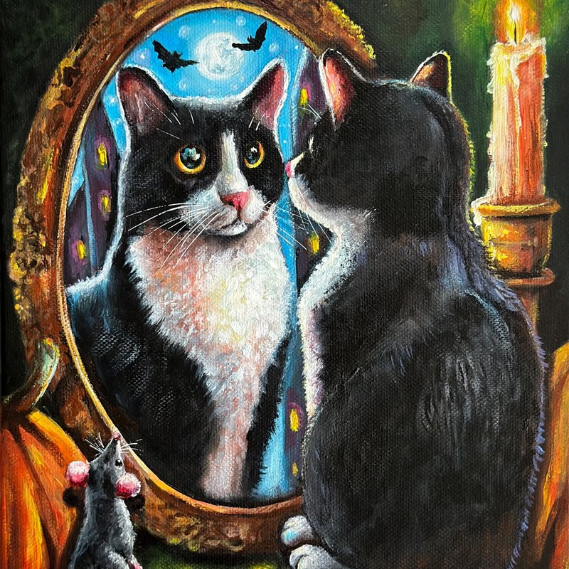 Tuxedo cat original painting, Tuxedo cat portrait, Cat and mouse, Gothic hanging - 壁貼/牆壁裝飾 - 棉．麻 多色