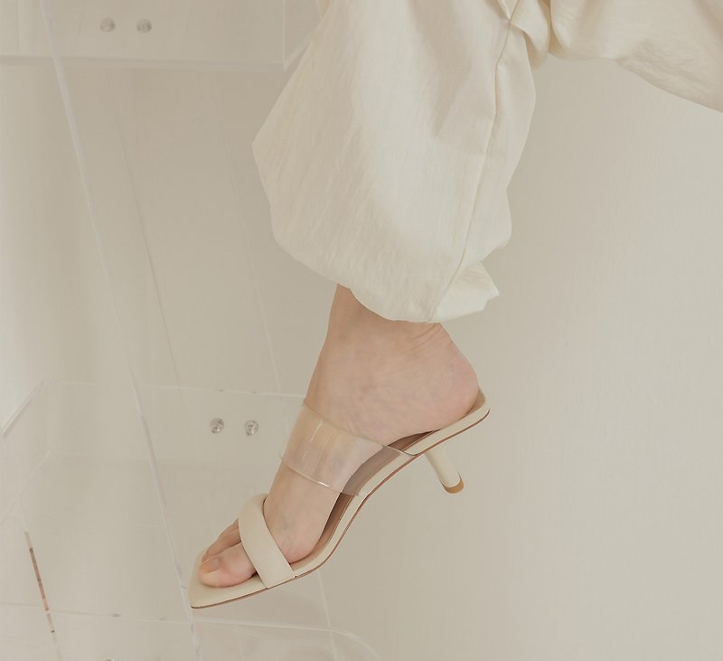 Transparent horizontal strap-open toe sandals-off-white - รองเท้ารัดส้น - หนังแท้ ขาว