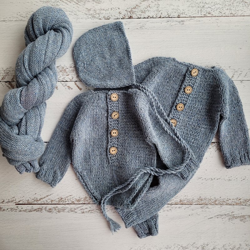 Light Blue tweed bonnet, romper, wrap. Newborn photo props. - 嬰兒手鍊/飾品 - 羊毛 