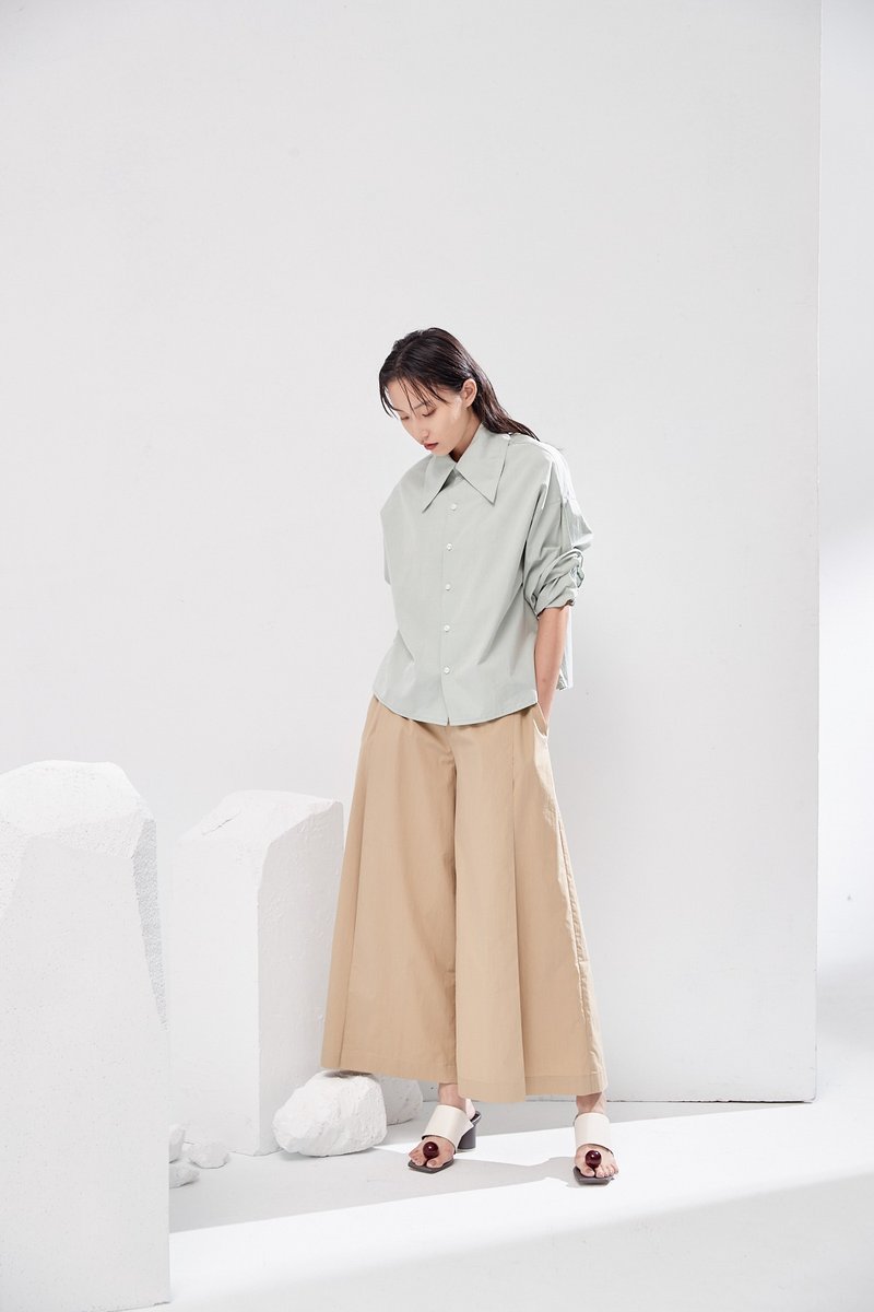 Mint green cuffs tie long sleeve shirt - เสื้อเชิ้ตผู้หญิง - ผ้าฝ้าย/ผ้าลินิน 