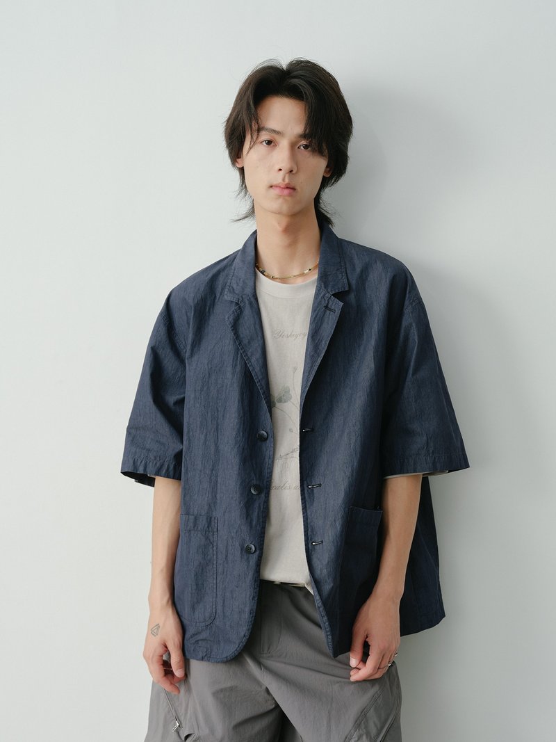 西裝感 短袖襯衫5分袖上衣 - 男襯衫/休閒襯衫 - 其他材質 藍色